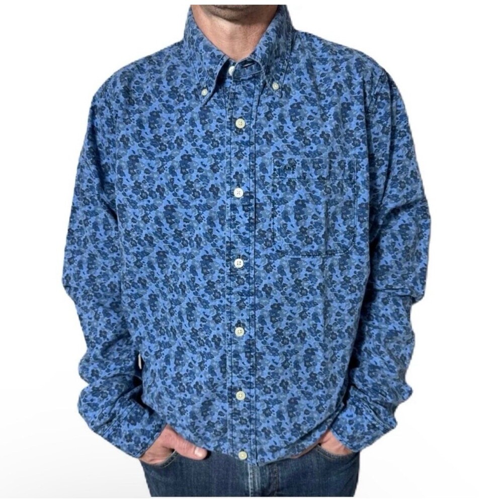 Abercrombie & Fitch Shirt Men XXL Blue Cotton Floral Print Button Up Long Sleeve